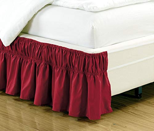 Easy Fit, Wrap Around Style Burgundy Ruffled Solid Bed Skirt Fits Both Queen and King Size Bedding 100% Soft Microfiber Fabric Allows for Natural Draping, 14