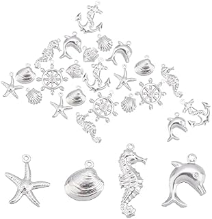 SUNNYCLUE 1 Box 80Pcs 8 Styles Stainless Steel Sea Animal Charms Starfish Tortoise Shell Dolphin Pendant Charm Accessories for Earring Necklace Bracelet Jewelry Making Supplies