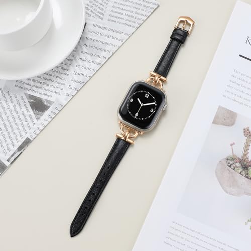 Image of Leather Band Compatible with Apple Watch Bands for Women, Dressy Fancy Strap for iWatch Series 11 /10 /9 /8 /7 /6 /5 /4 /3 /2 /1 /se(38mm 40mm 41mm 42mm,Dark Black /Rose Gold)