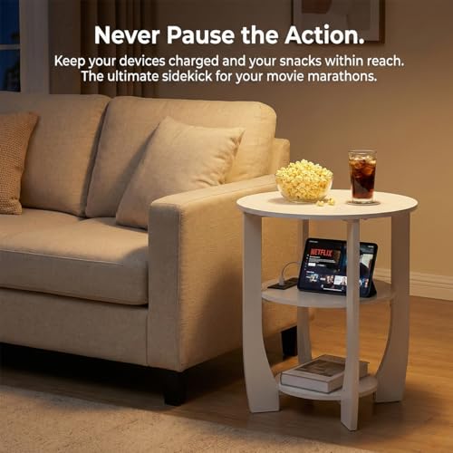 ZEXVIDA White Round Side Table with Charging Station, 19.7" Modern End Table with USB Ports & Outlets, 3-Tier Circle Nightstand for Bedroom, Nursery, Living Room, Small Spaces, Bedside Accent Table by ZEXVIDA - Used condition - Image 2