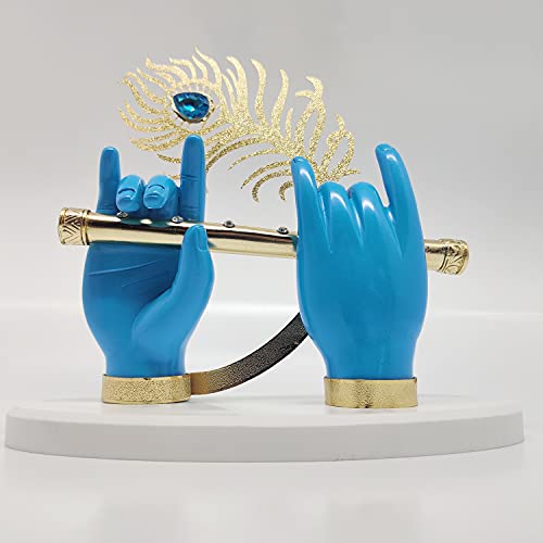 Gold Plated Krishna Ji Hands with Flute Figurine | 24k Gold Plated with Blue Hand of Krishna | Very Classical Piece for Décor As Well As Wedding and Corporate Gifting Purposes - 7 Incn
