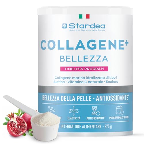 Collagene Marino con Acido Ialuronico 275g | 9g Collagene Marino e Acido Ialuronico + Vitamina C Naturale, Biotina | Pelle Idratata, Capelli Forti | STARDEA COLLAGENE+ BELLEZZA | Gusto Melagrana