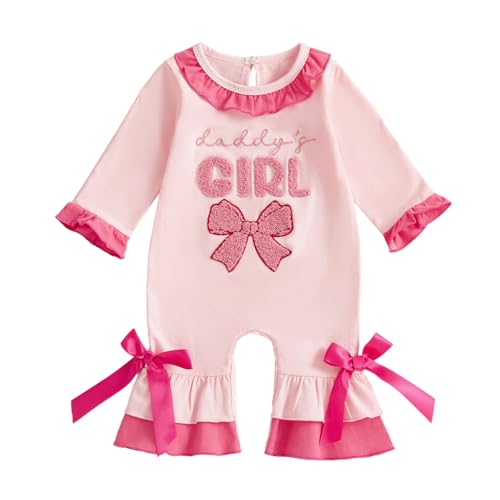 Carolilly Combinaison Bébé Fille à Manches Longues, Rose avec Volants, Motif 'Daddy's Girl' avec Nœud Décoratif, Vêtement Bébé avec Rubans (Rose, 3-6 Months)