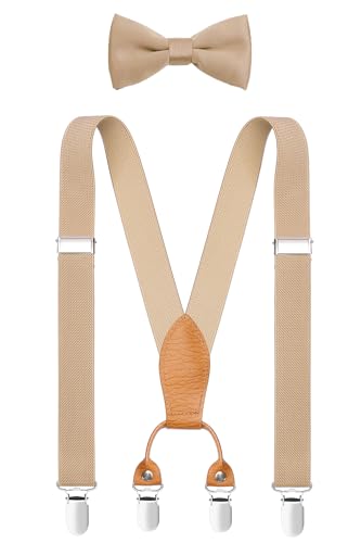 Shark Tooth Boys' Suspenders and Bow Tie Set Adjustable with 4 Clips Wedding Parties Khaki 40 IN