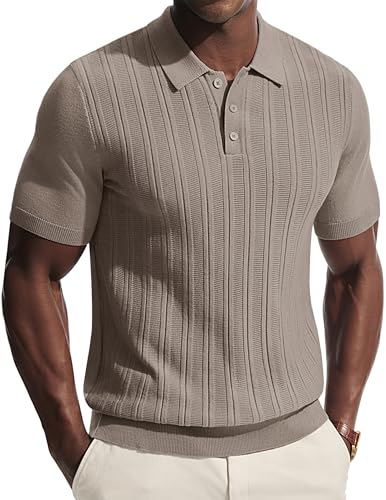 Image of PJ PAUL JONES Mens Polo Shirts Short Sleeve Slim Fit Knit Textured Shirt Casual Stylish Vacation Beach Shirts Khaki L