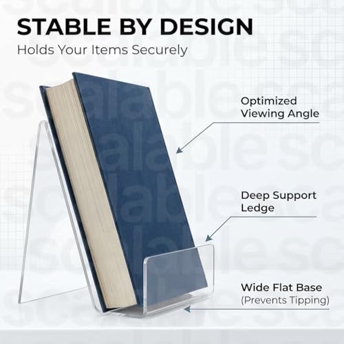 Image of JBM MART Acrylic Book Stand with Ledge, Clear Transparent Display Easel Holder for Books, Magazine, Plate, Pictures, Artworks, CDs, 4 Inch, 4 Pack