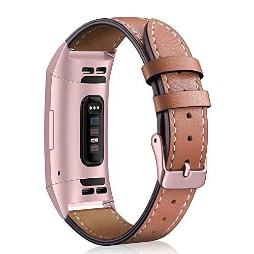 Mornex Leather Band Compatible with Fitbit Charge 3/ Charge 4, Replacement Genuine Leather Bands for Women Men(Pink Connector and Brown)