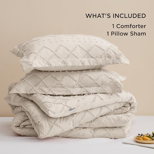 Image of Bedsure Twin Comforter Set - Beige Comforter, Boho Tufted Distressed Vintage Bedding for Kids, 2 Pieces Farmhouse-Style Bed Set for All Seasons, Fluffy Soft Bedding with 1 Pillow Sham
