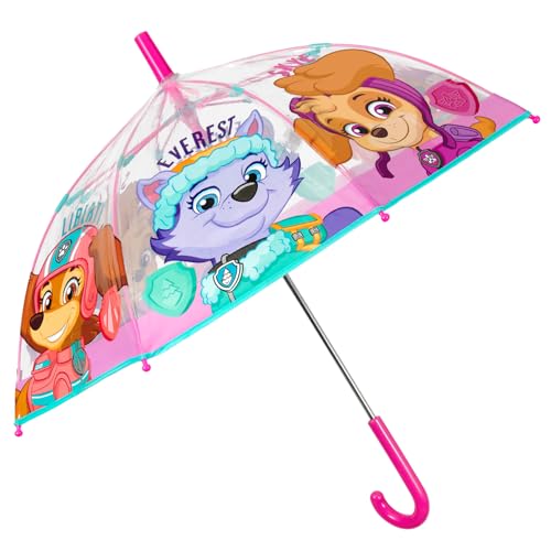 PERLETTI Paraguas Transparente para Niños y Niñas - Paraguas Cúpula Paw Patrol Niña 3 4 5 6 Años Largo - Apertura Manual de Seguridad Ligero con Perritos Skye Everest - Diámetro 69 cm (Rosa)