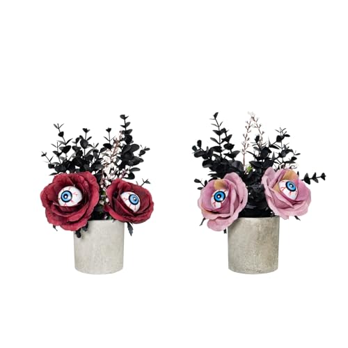 2pcs Halloween Decorations, Creepy Eyeball Roses Artificial Flower Table Decors, Red & Pink Gothic Flower Table Centerpiece for Halloween party gifts & decor, Diningroom/Livingrom/Garden (23cm)