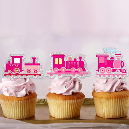 24Pcs Train Cupcake Toppers for Girl - Glitter Pink Train Party Decorations for Birthday Party Cake Décor by POSLIUE - Used condition - Image 6