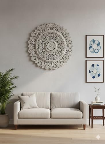 Image of Decor Delights Wall panel Floral MDF Wall Decoration Panel, Hanging Wood Carving Wall Decoration Panel for Living Room, Bedroom, Hallway, Office Wooden Wall Hanging Plaque, Wood Carving (3D White)