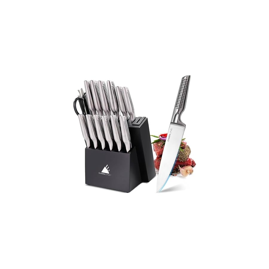 Charmline Knife Set, 15 Pieces Knives Set for Kitchen with Holder, Dishwasher Safe Kitchen Knife Set with Built in Sharpener Block, Stainless Steel Knife Block Set, Black