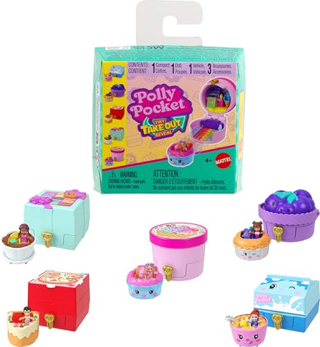 Polly Pocket Micro Dolls & Compacts with Toy Cars, Food Theme Vehicle Collection, Tiny Take Out Reveal Assortment with Surprises