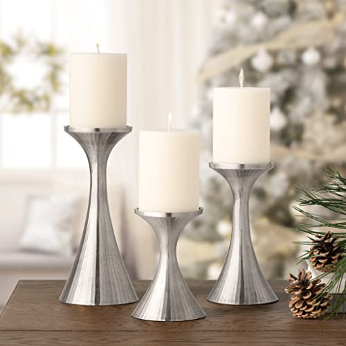 Torre & Tagus Tomar Metal Pillar Candle Holder Set Of 3 Silver Aluminum Candleholders In As Mantle Decor For Living Room, Table Decor For Dining Table, Modern Kitchen Decor, Wedding Decoration #TOP6
