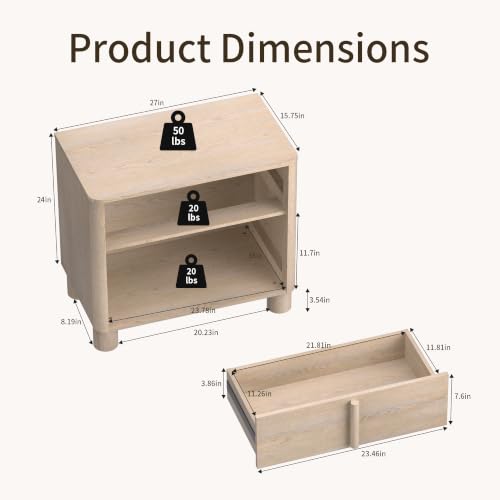 Image of Nightstand Set of 2, 27 inch Wide Natural Wood Grain Bedside Tables with Drawer and Open Shelf, Modern Curved End Tables with Rounded Body and Cylindrical Legs for Bedroom and Living Room,Natural Wood