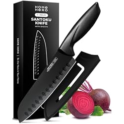 Home Hero 2 Pcs Santoku Knife with Sheath - سكين تقطيع من الفولاذ المقاوم للصدأ عالي الكربون مع مقبض مريح - سكين مطبخ متعدد الأغراض حاد للغاية لتقطيع الخضار والطبخ (أسود)