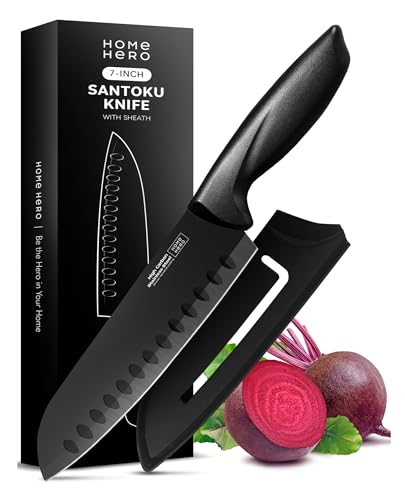 Home Hero 2 Pcs Santoku Knife with Sheath - High Carbon Stainless Steel Chopping Knife with Ergonomic Handle - Razor-Sharp Multi-Purpose Kitchen Knife for Chopping Vegetable and Cooking (Black)