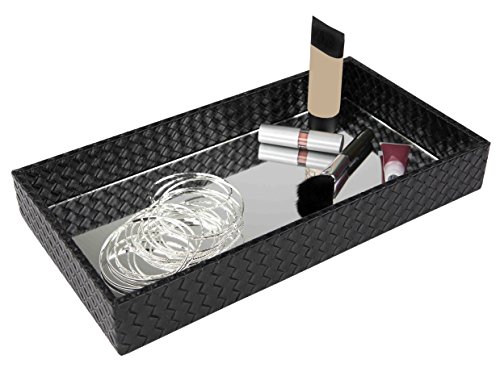Faux Leather Vanity Tray (Black), by Home Basics | Bathroom Trays for Counter | Woven Bathroom Tray with Mirrored Bottom | Small Tray for Vanity, 14 x 7.5 x 2