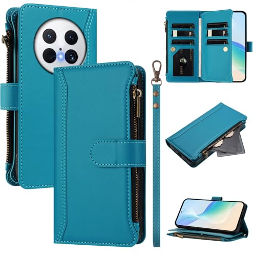 Rfvzubemok Compatible with Huawei Mate 70 5G,Compatible with Huawei Mate 70 5G Cover,Flip Kickstand Double Card Slots Zipper Wallet Case Blue2