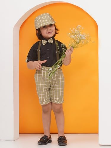 Image of AJ DEZINES Kids Clothing Cotton Blend Checkered Printed Shirt Shorts With Cap and Suspenders Set for Boys