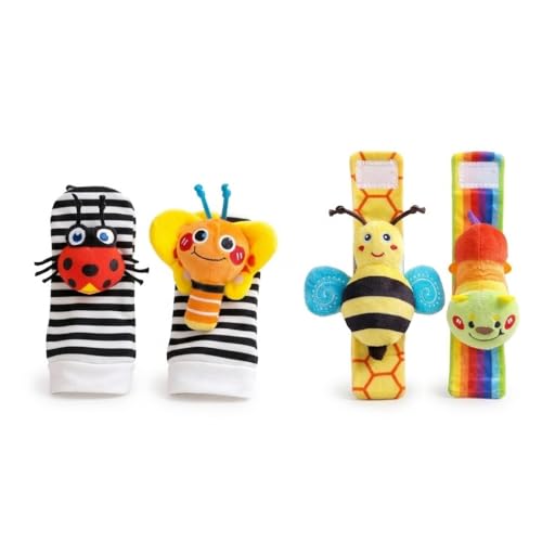 Kit 4 Peças Meia e Pulseira para Bebê Com Som Estimulantes – Brinquedo Sensorial em Algodão Tema Insetos 3+ Meses