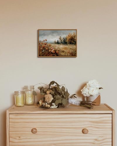 Image of KISSFOX Vintage Framed Wall Art Decor Modern Farmhouse Fall Landscape Pictures Paintings Wall Decor Rustic Autumn Leaves Canvas Art Prints Nature Countryside Artwork For Bedroom Kitchen Living Room