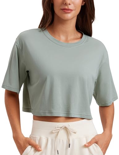 Image of CRZ YOGA Pima Cotton High Neck Crop T-Shirt | Workout, Naturally Soft, Loose Fit, Short Sleeve Tops for Women