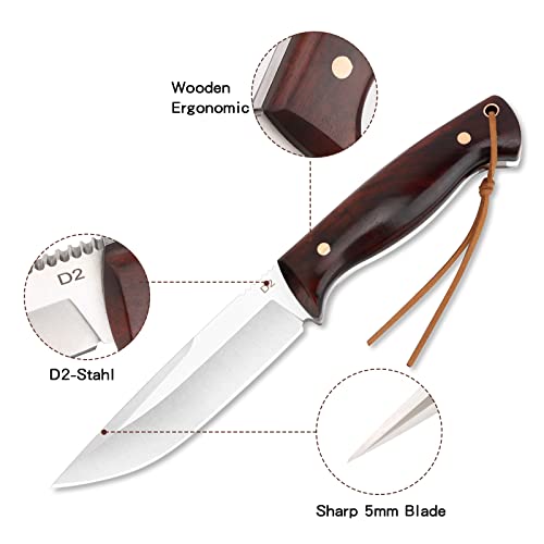 Benkey Fixed Blade Hunting Knife Full Tang With Leather Sheath, Solid & Sharp D2 Blade Outdoor Survival Hunting Knife, Comfortable Natural Wood Handle Camping Knife For Men And Women #TOP2