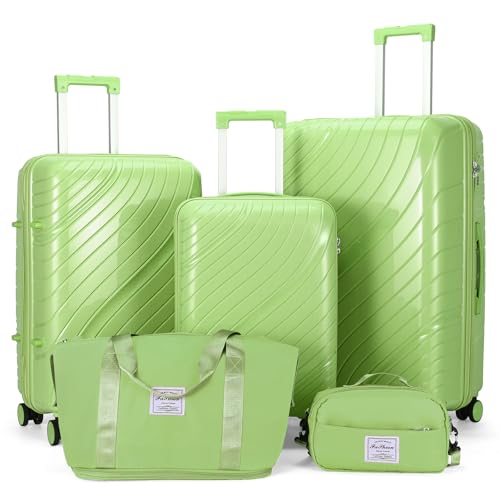 Luggage 5 Piece Sets, Lightweight Rolling Hardside Travel Luggage with TSA Lock, PP Luggage Set, Suitcase with Spinner Wheels for Travel Men Women,20/24/28 Inch Trolley Case + Two-Piece Handbag,Green