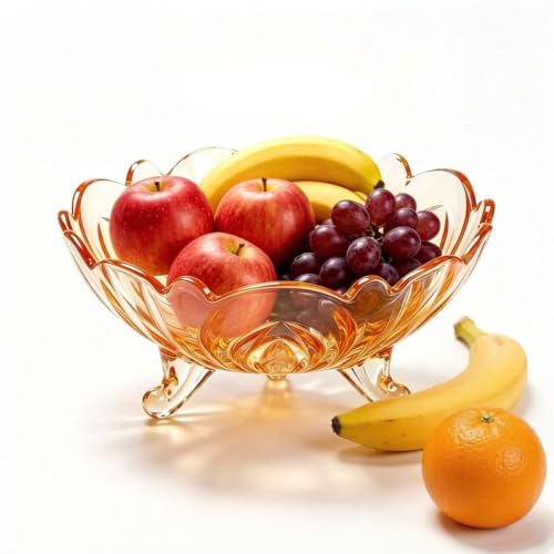 YIHONOBLE Fruit Bowls Glass with Legs,Hand-blown Glass， Bowl for Candy Dish Decorative Modern for Living Room Kitchen Counter Home Decor Fower Art Style (Amber, Large (9.1 in))