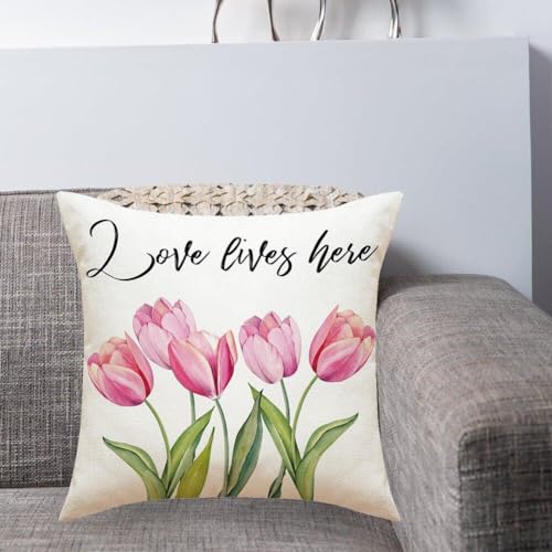 Couvre-coussins tulipes roses lin décor de Saint-Valentin