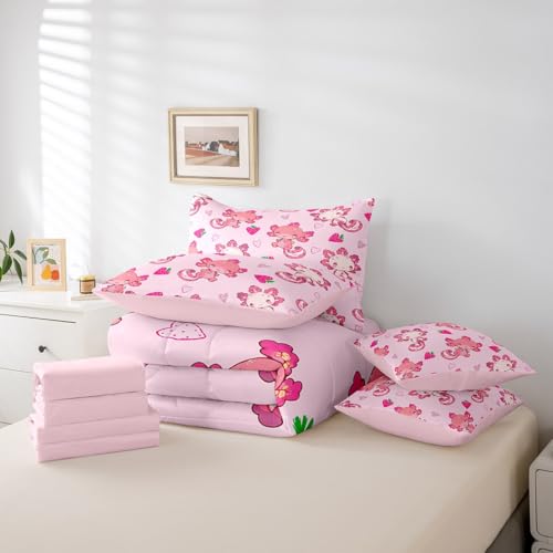 Image of Feelyou Kids Cute Axolotl 7 Pieces Bedding Set Queen Size, Strawberry Comforter Set with Sheets Boys Girls Kawaii Ocean Sealife Bed in A Bag Cartoon Fruit Teens Bed Set Bedroom Decor 7Pcs