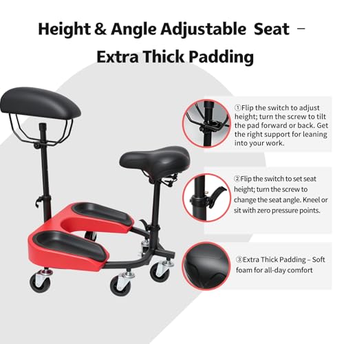 Image of Heavy-Duty Kneeling /Sitting Creeper with Adjustable Seat & Tool Tray - 300lb Capacity Rolling Knee Work Seat for Auto Repair, Flooring, Landscaping & DIY - Padded Knee Support & Smooth Casters