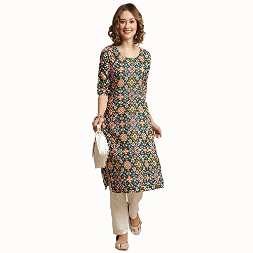 Image of Pinkmint Women's Crepe Multicolor Ethnic Motif Printed Straight Kurti (530383-L)