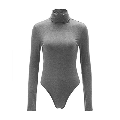 Verdusa Women's High Neck Long Sleeve Skinny Basic Bodysuit Leotard Grey L