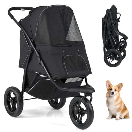 COSTWAY Hundewagen klappbar, Hundebuggy bis 25 kg, Katzenwagen 3 Rad, Haustierwagen mit verstellbarem Sonnendach, Netzfenster, Korb & Polster, Haustierbuggy für Katzen Hunde (Schwarz)