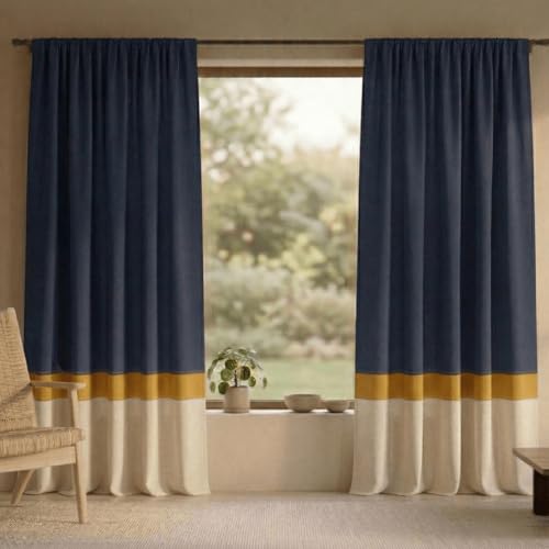 Image of Peepul Tree Cotton 7ft Door Curtain Woven in Navy Blue and Off White | Semi Blackout with 70% Light Blocking| Top to Bottom Reversible Curtain Set of 2