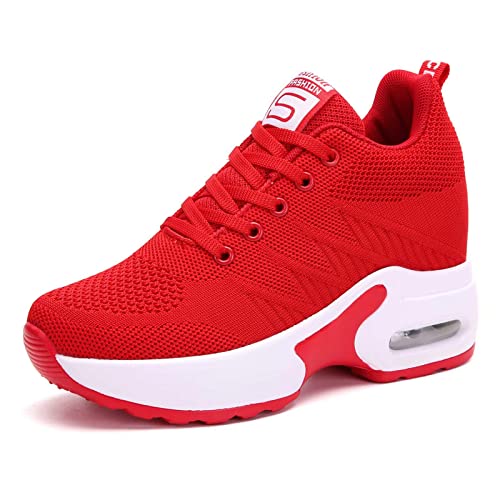 AONEGOLD Zapatillas de Deporte Transpirables Mujer Zapatillas de Cuña para Alta Talón Plataforma 8.5 cm Wedge Sneakers 2786 Rojo 35 EU
