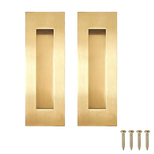 Recessed Finger Flush Pulls - Hadnles Fit Wardrobe Doors, Pocket Doors, Sliding Barn Doors, Bifold Doors and More Stainless Steel Brushed Rectangular Door Pull Hardware (6 INCH, Gold - 2 Pack)