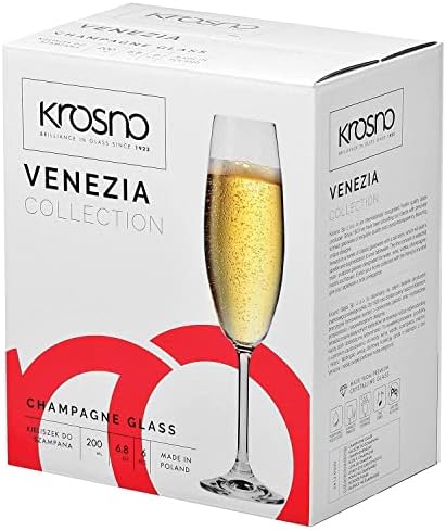 Krosno Crystal Champagne Flutes Prosecco Glasses | Set of 6 | 200 ML | Sparkling Wine Glasses Gift Box Cocktail Glasses Wedding Gift | for Home, Restaurants and Kitchen Set | Dishwasher Safe Glass