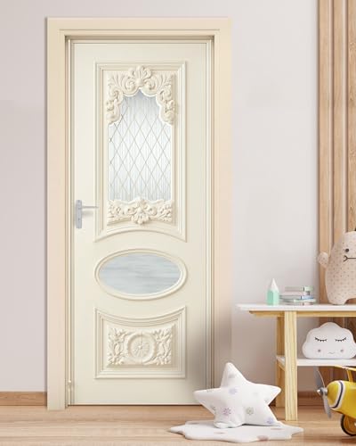 FLFK Decorative Door Mural Sticker, Victorian Style with Glass Panels, Self-Adhesive Peel and Stick, 30.3 x 78.7 inches, Cream White, Split into 2 Pieces
