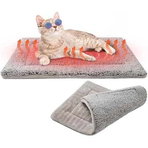 BEAUTYZOO Self Warming Cat Bed, Self Heating Cat Pad 28 x 19 inch, Double Sided Heated Cat Dog Mat, Soft Thermal Blanket for Indoor Outdoor Large Kittens Small Puppy Pets, Washable, Grey Cover