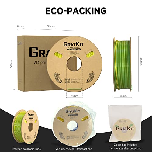 Image of Gratkit Silk Dual Color PLA Filament, Coextrusion PLA Filament 1.75mm, + /-0.03mm, 1KG /Roll, Silk PLA Yellow & Green