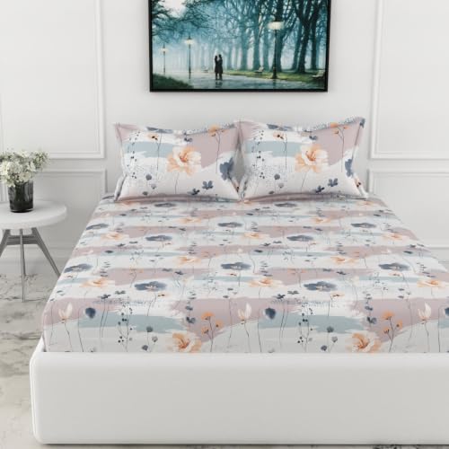 Image of LORETO - A QUALITY LINEN BRAND 210 TC 100% Pure Cotton King Size Fitted Bedsheet with 2 Pillow Covers for 78 x 72 Inch Mattress, All-Around Elastic, 8 Inch Deep Pocket, Blue & Peach