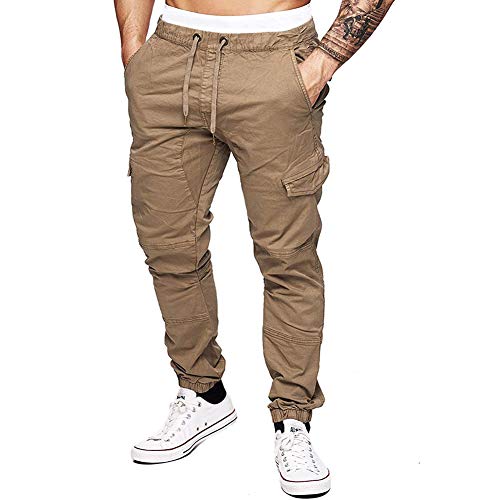 Rela Bota Men's Cargo Pants Slim Fit Sweatpants Jogger Drawstring Elastic Outdoor Trousers with Pockets Khaki M