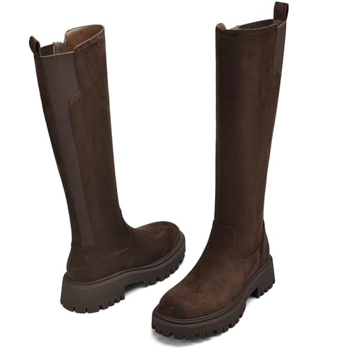 Image of TEAIEU Knee High Boots for Women, Platform Chunky Block Low Heel Tall Boots, Round Toe Side Zipper Fall Long Boots for Dress, Stretch Calf, Comfortable