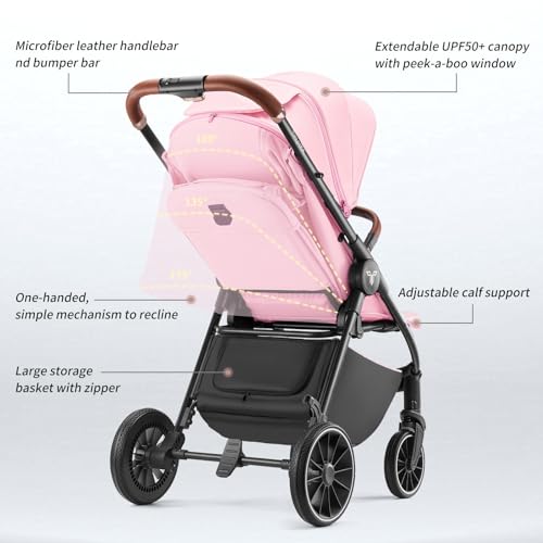 Image of Tinyiota All-Terrain Baby Stroller, 48.5lb Capacity with UPF 50+ Canopy, One-Hand Fold, Microfiber Leather Handle,Near Lie-Flat Mode for Newborn to Toddler (Hot Pink)