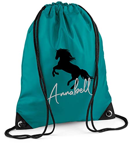 Turnbeutel mit Namen | Motiv aufsteigendes Pferd inkl. Namensdruck | Personalisieren & Bedrucken | Sportbeutel Schuhbeutel f&uuml;r M&auml;dchen (t&uuml;rkis)
