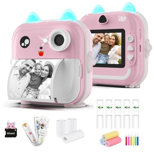 Image of CADDLE & TOES Instant Print Camera for Kids - 1080P HD, 48MP, SD Card, Bluetooth, Free App, 3 Rolls Print Paper, Stickers, Fun Filters, Gift for Kids (Pink with Printer ROLL Set)